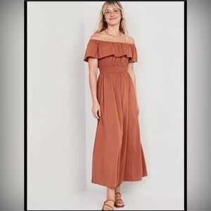 ON Waist-Defined Ruffled Off-The-Shoulder Smocked Maxi Dress-Henna color-Large